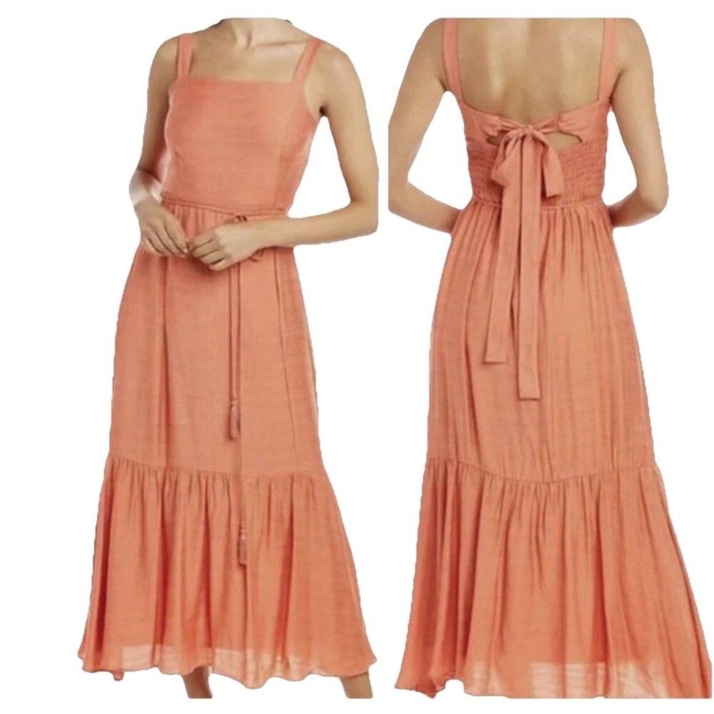 Ann Taylor Dress Womens M 8 Orange Sleeveless Tiered Ruffle Square Neck Maxi